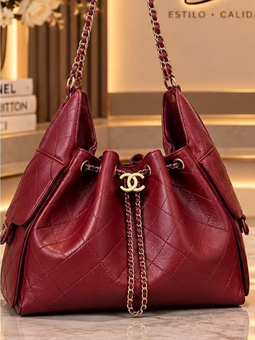 Quilted Drawstring Shoulder Bag in Deep Burgundy